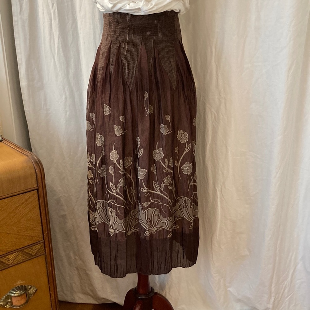 Lapis Boho sheer maxi skirt, chocolate brown and cream floral design, size Small - Picture 2 of 13